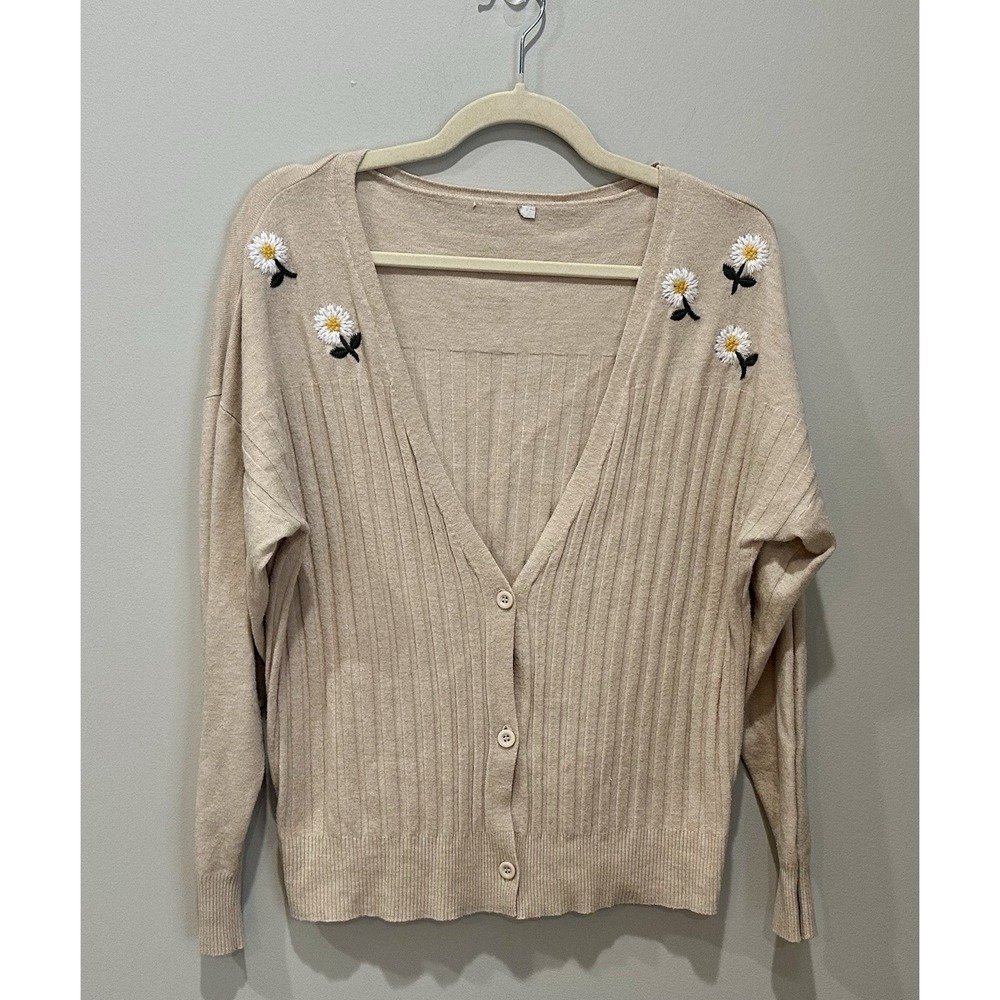 Daisy Embroidered Button Front Ribbed Cardigan Cottagecore Sweater Medium/Large